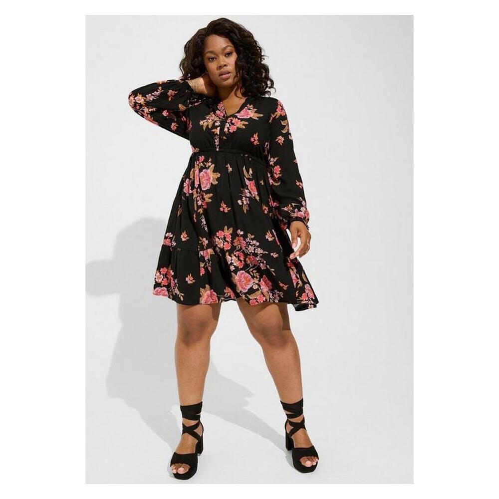 Torrid Black&Pink Floral Challis Mini Shirt Dress Sz.4 NWT